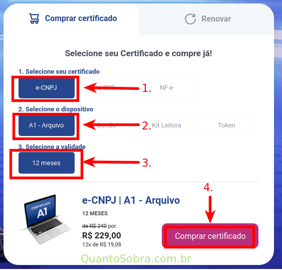 Selecione e compre seu certificado