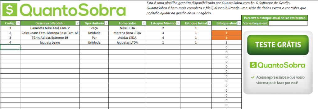 Planilha de controle de estoque Excel grátis para baixar