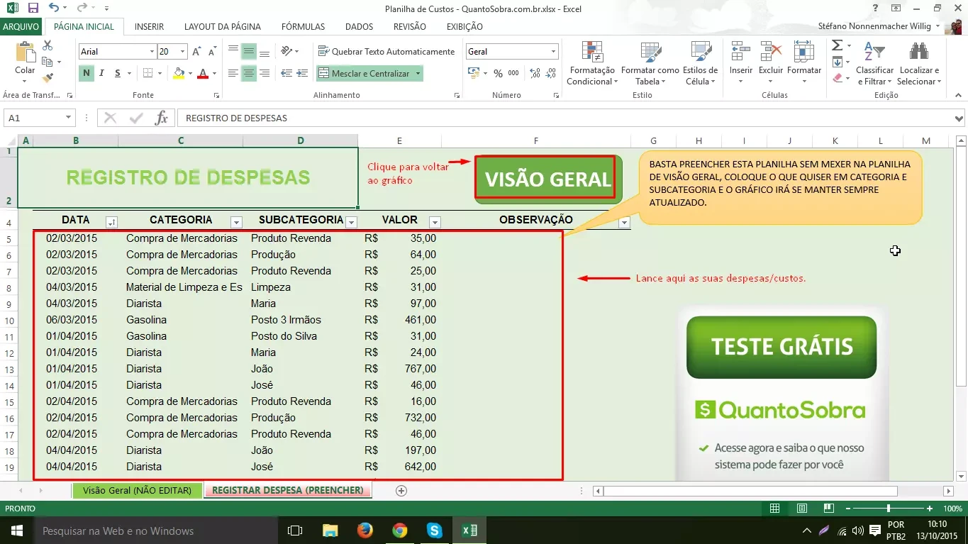 Planilha de custos no excel grátis para baixar 